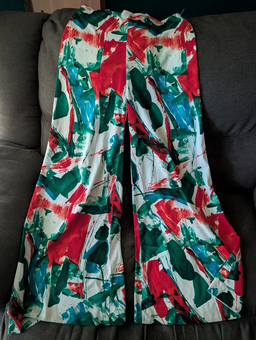Wide-Leg Palazzo Pants in Red, Green & Blue Brushstroke Print